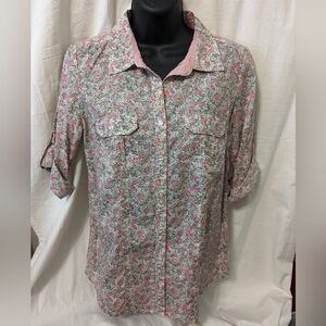 EUC St. John Bay 100% Cotton Floral Button Down 3/4 sleeve Shirt sz S